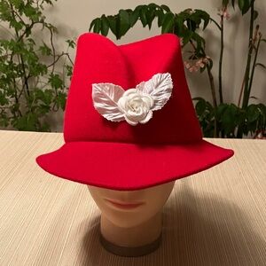 Vibrant Red Wool Fedora with White Floral Detail